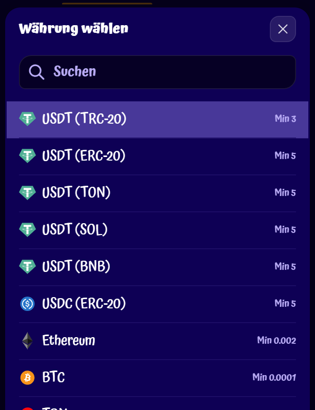 Liste der auf SpinGranny verfügbaren Kryptowährungen