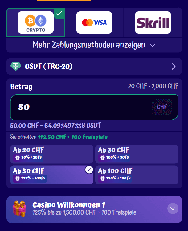 SpinGranny Kryptowährungseinzahlung
