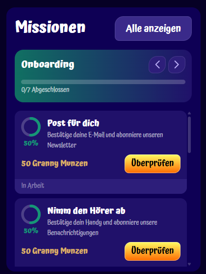Eine Liste möglicher Missionen ist auf der SpinGranny-Website verfügbar