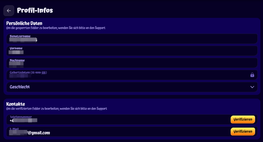 SpinGranny-Kontoinformationen
