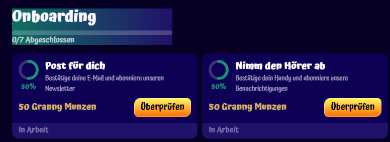 Missionsfortschrittsstatus auf der SpinGranny-Website