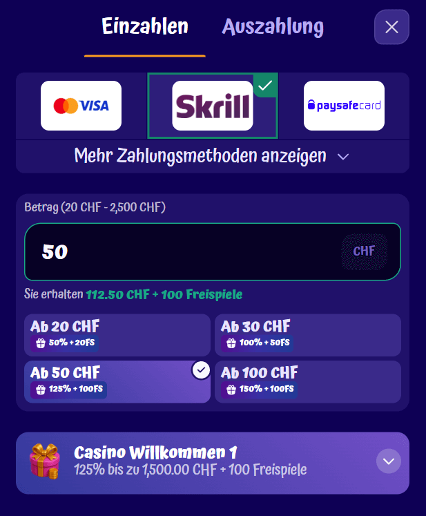 Einzahlung über Skrill bei SpinGranny
