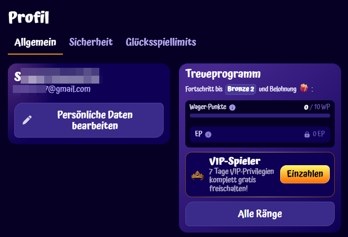 Kontoeinstellungen auf der SpinGranny-Website