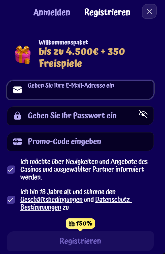 Registrierungsformular der SpinGranny-Website