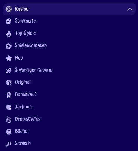Liste der Bereiche im SpinGranny Casino